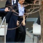 Meghan Markle at National Theatre in Navy Coat for Morning Meeting
