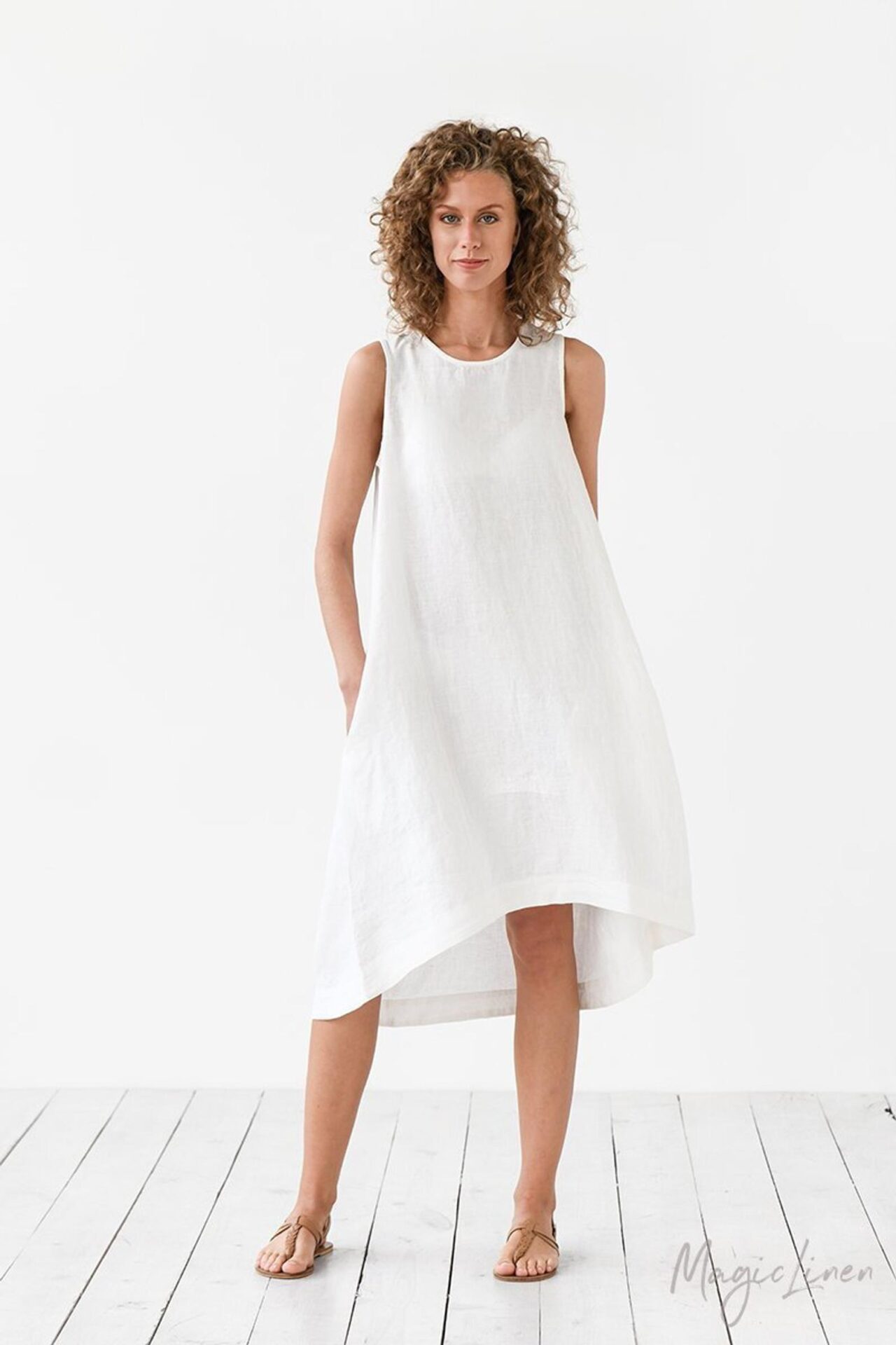Magic Linen White Sleeveless Asymmetrical Dress-Meghan Markle