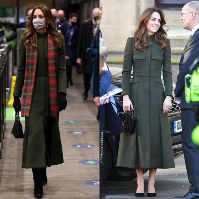 Kate Middleton in Green McQueen and Tartan Scarf for Train Tour Day One ...