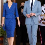 Kate Middleton in Blue Lace Skirt Suit for Royal Tour Arrival