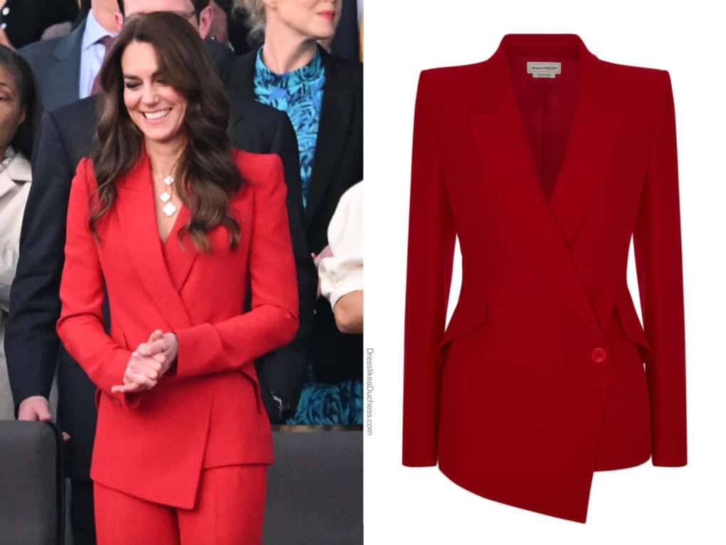 Kate Middleton wears red suit by Alexander McQueen for Shaping Us launch